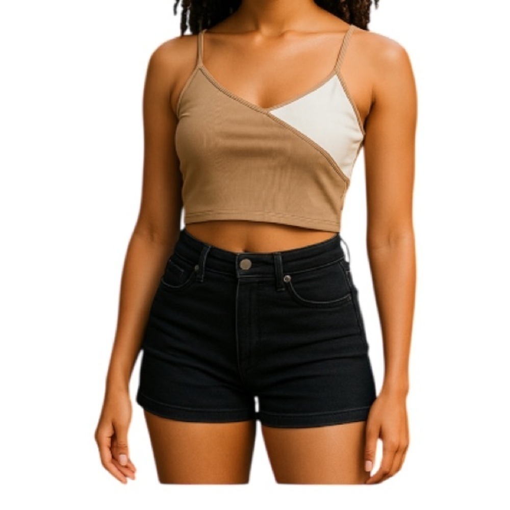 SHEIN Quite Two Tone CrossoverFront Cami Top Cropped Ribbed Tan White L